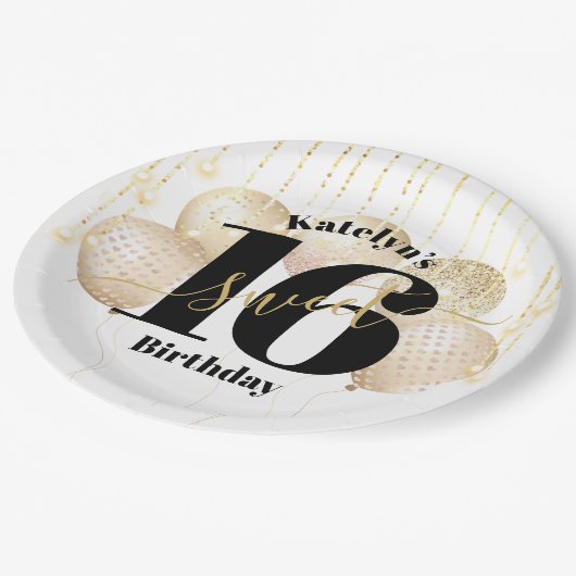 Wit Goud Glitter Bold Sweet 16 Verjaardagsballonne Papieren Bordje (Gekanteld)