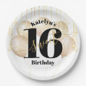 Wit Goud Glitter Bold Sweet 16 Verjaardagsballonne Papieren Bordje (Voorkant)