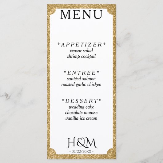 Wit & Goud Glitter Concave Bruiloft Receptie Menu (Voorkant)