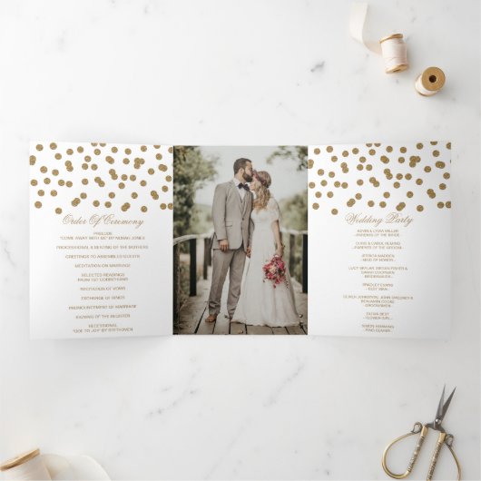 Wit Goud Glitter Confetti Foto Bruiloft Drieluik Programma (Binnen)