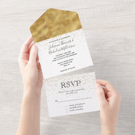 Wit Goud glitter confetti sparkle Bruiloft All In One Uitnodiging (Afscheurbaar)