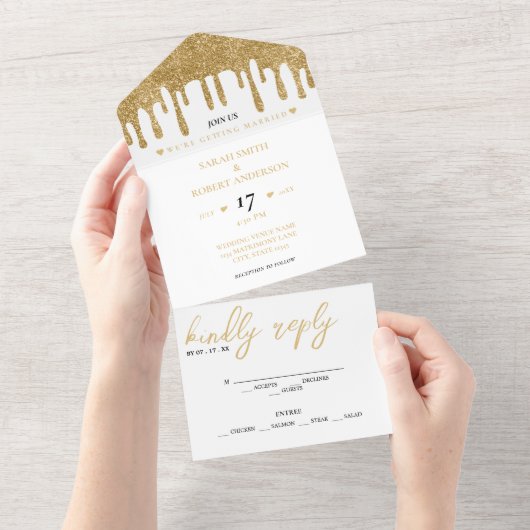 Wit & Goud Glitter Drip Bruiloft All In One Uitnodiging (Afscheurbaar)