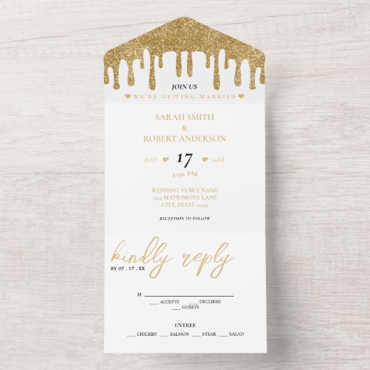 Wit & Goud Glitter Drip Bruiloft All In One Uitnodiging (Binnen)