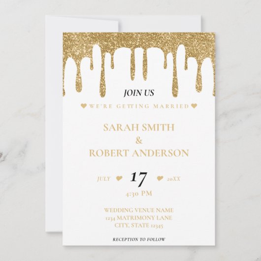 Wit & Goud Glitter Drip Bruiloft Kaart (Voorkant)