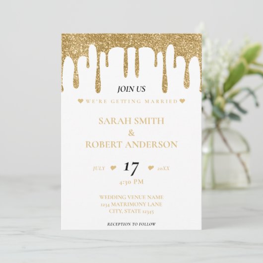 Wit & Goud Glitter Drip Bruiloft Kaart (Staand voorkant)