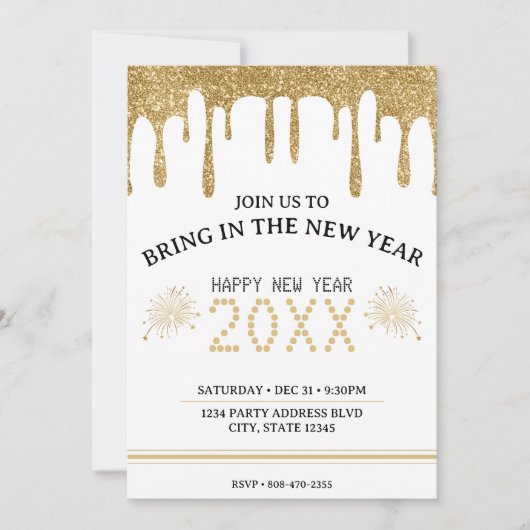 Wit & Goud Glitter Drip New Years Eve Party 2024 Kaart (Voorkant)