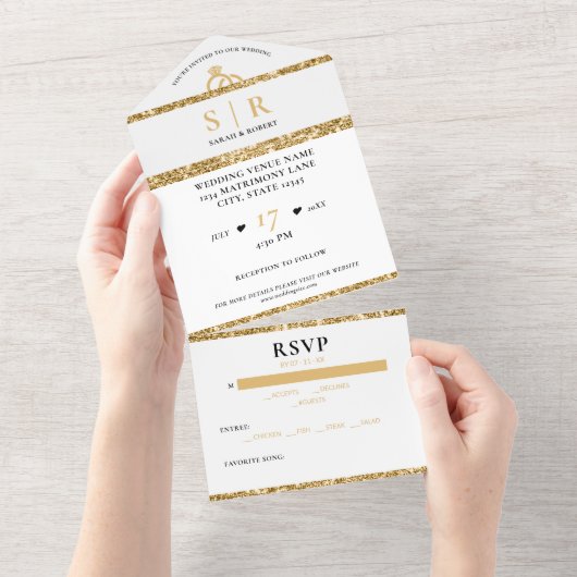 Wit & Goud Glitter Elegant Bruiloft All In One Uitnodiging (Afscheurbaar)