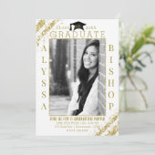 Wit Goud Glitter Foto Afstuderen Afstudeerfeest Kaart (Staand voorkant)
