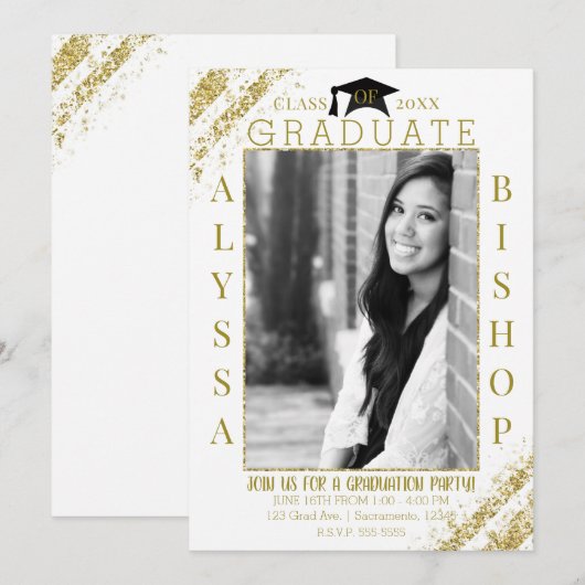 Wit Goud Glitter Foto Afstuderen Afstudeerfeest Kaart (Voorkant / Achterkant)