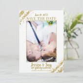 Wit & Goud Glitter Foto Save the Date Huwelijk Kaart (Staand voorkant)