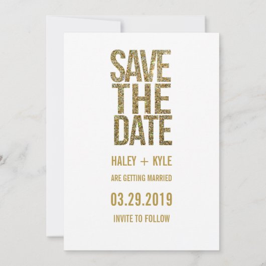 Wit & Goud Glitter Save the Date Typografie (Achterkant)