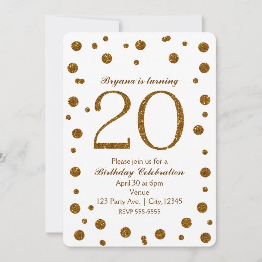 Wit & Goud Glitter Stippen 20e 20 Verjaardagsfeest Kaart (Voorkant)