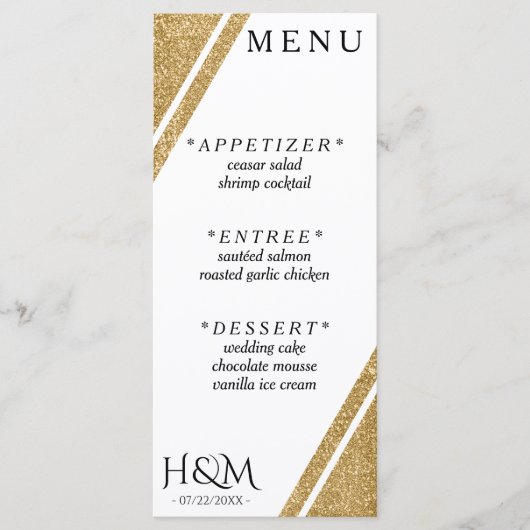 Wit & Goud Glitter Streep Bruiloft Receptie Menu (Voorkant)