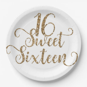 Wit & Goud Glitter Sweet 16 Verjaardagsfeestje Papieren Bordje