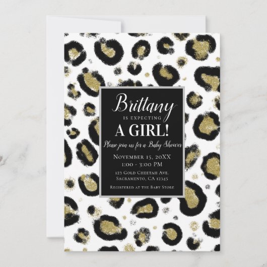 Wit Goud Glitter & Zwart Luipaard Baby shower Kaart (Voorkant)