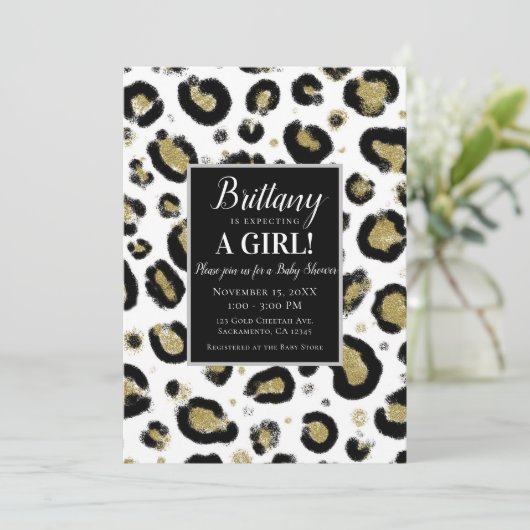 Wit Goud Glitter & Zwart Luipaard Baby shower Kaart (Staand voorkant)