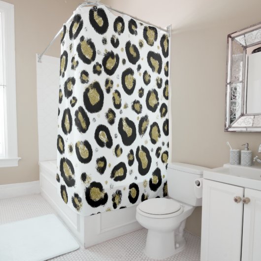 Wit Goud Glitter & Zwart Luipaard Cheeta Print Douchegordijn (In situ)