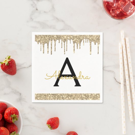 Wit Goud Glitter Zwart Monogram Verjaardag Servet (Insitu)