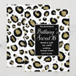 Wit Goud Glitter & Zwarte Luipaard Sweet 16 Feestj Kaart