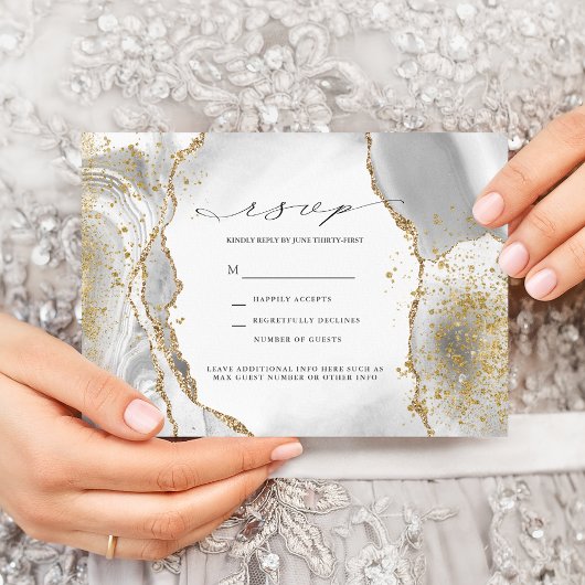 Wit, Goud & Grijs Mist Agate Trouw-RSVP Uitnodigin Kaart