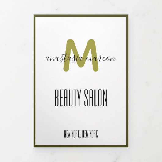 Wit Goud Groen Foto Monogram Salon Brochure Drieluik Kaart (Cover)