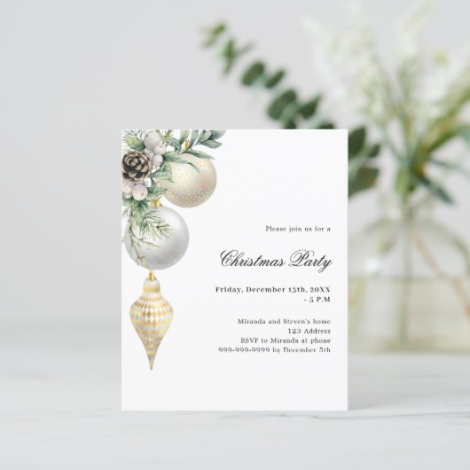 Wit goud groene bauble kerstfeest uitnodiging (Staand voorkant)