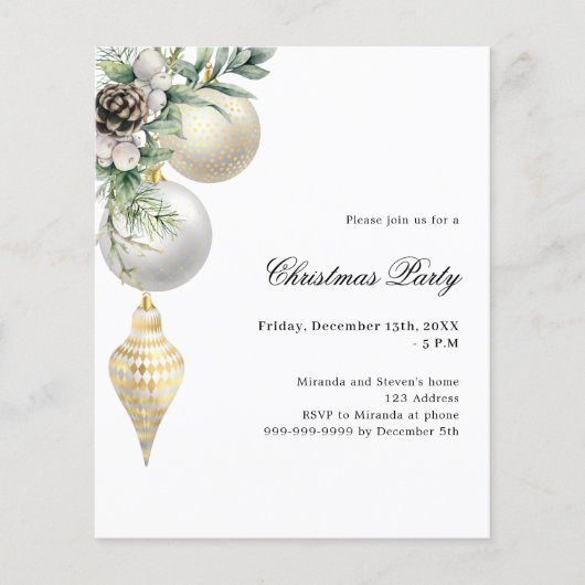 Wit goud groene bauble kerstfeest uitnodiging (Voorkant)