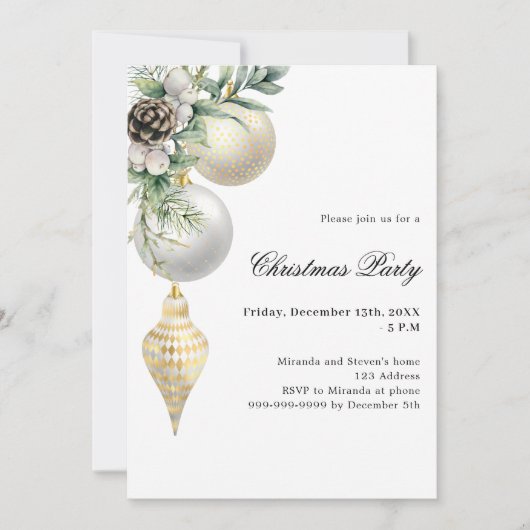 Wit goud groene kerstballen kerstfeest kaart (Voorkant)