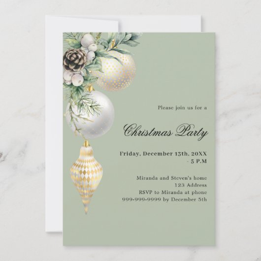 Wit goud groene kerstballen kerstfeest kaart (Voorkant)