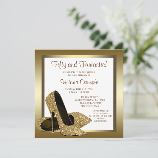 Wit Goud Hoge Heel Vrouwen 50ste Verjaardagsfeest Kaart (Staand voorkant)