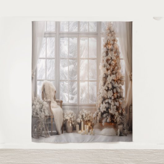Wit & Goud Kerst Foto Achtergrond Wandkleed (Voorkant)