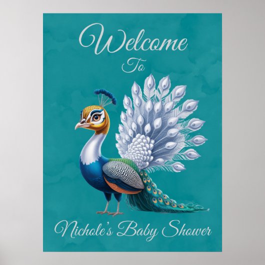 Wit Goud Kleurrijke Pauw Baby shower Welkom Poster (Voorkant)