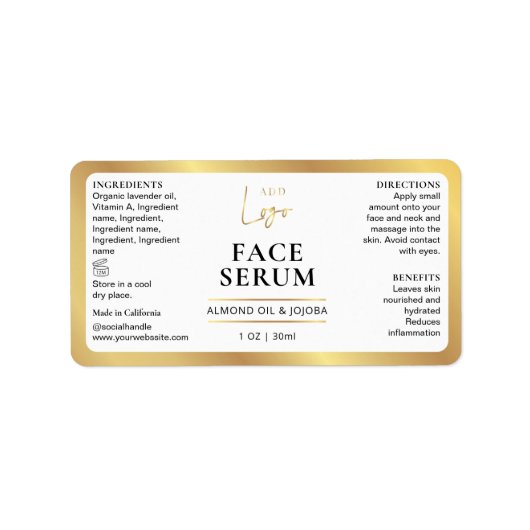 Wit & Goud Kosmetisch 1 OZ Dropper Flessenetiket Etiket (Voorkant)