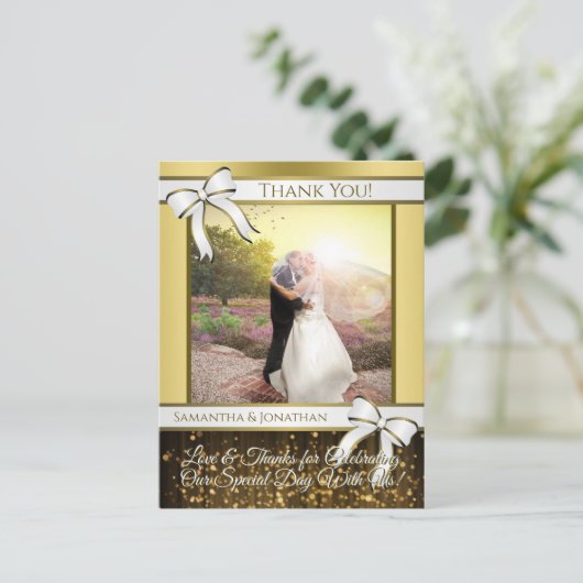 Wit & Goud Lint Bruiloft Dank u Briefkaart (Staand voorkant)