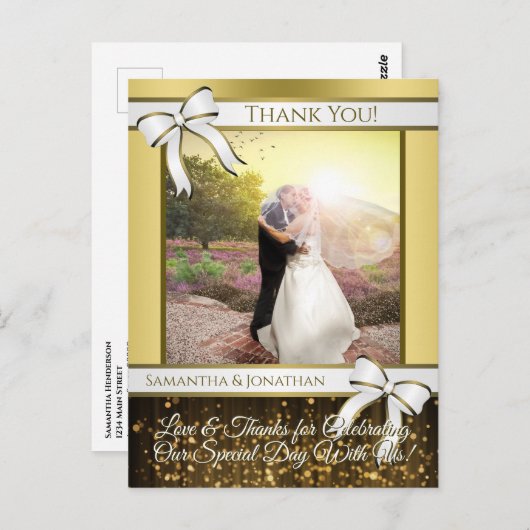 Wit & Goud Lint Bruiloft Dank u Briefkaart (Voorkant / Achterkant)