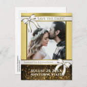 Wit & Goud Lint Bruiloft Save the Date Briefkaart (Voorkant / Achterkant)