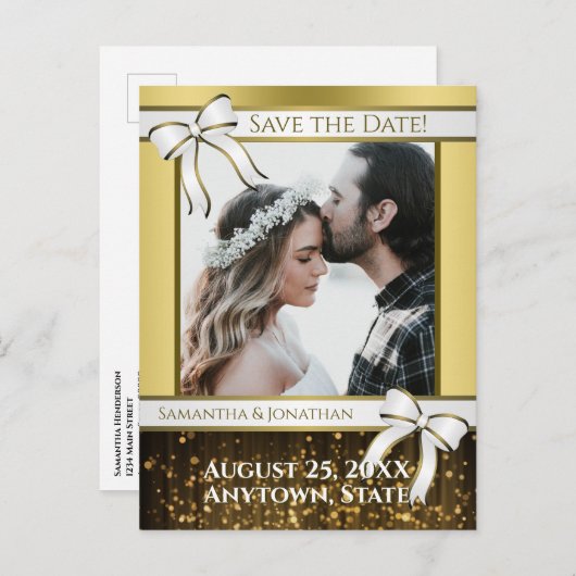 Wit & Goud Lint Bruiloft Save the Date Briefkaart (Voorkant / Achterkant)