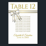 Wit & Goud Lint Bruiloft Zitkaarten Kaart<br><div class="desc">Maak uw huwelijksreceptie mooi met deze tafelnummerkaarten, en help uw gasten de juiste tafel te vinden. Voorzien van een eenvoudig maar elegant ontwerp met gouden tekst op een witte achtergrond met een afbeelding van een wit en gouden lint en boog. Elke kaart heeft ruimte om de gasten te vermelden die...</div>