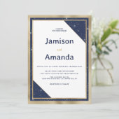 Wit goud marine blauw glitter geometrische bruilof kaart (Staand voorkant)