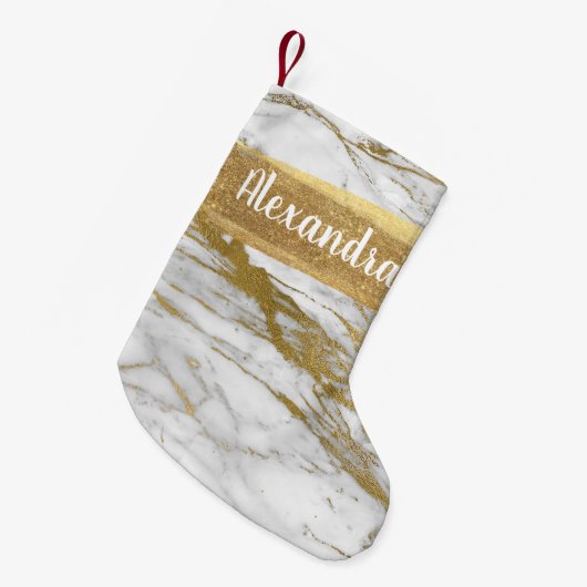 Wit & Goud Marmer Glitter en Sparkle Monogram Kleine Kerstsok (Voorkant (Hangend))