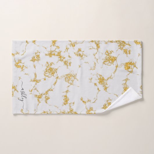 Wit Goud Marmer Glitter Sparkle Script Naam Bad Handdoek (Handdoek)