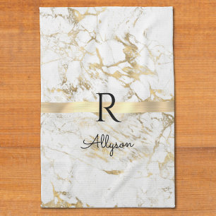Wit & Goud Marmer Gouden Bar Script Naam, Monogram Theedoek