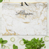 Wit & Goud Marmer Gouden Bar Script Naam, Monogram Theedoek (Gevouwen)