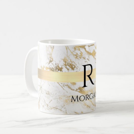 Wit & Goud Marmer, Gouden Bar, Zwart Naam Monogram Koffiemok (Voorkant links)
