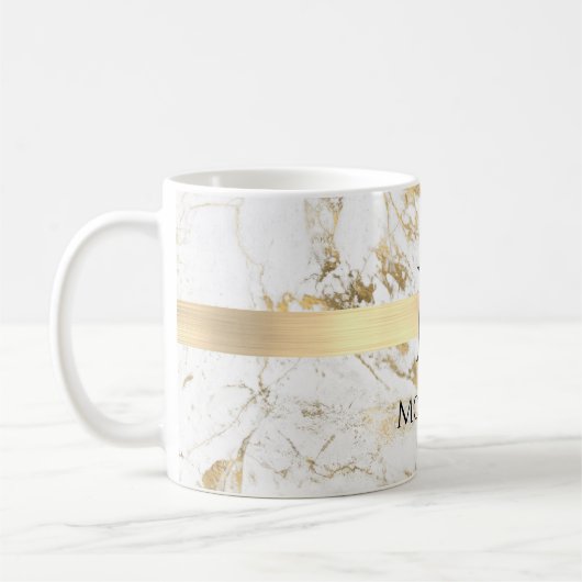 Wit & Goud Marmer, Gouden Bar, Zwart Naam Monogram Koffiemok (Links)