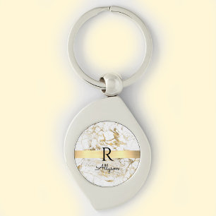 Wit & Goud Marmer, Gouden Bar, Zwart Naam Monogram Sleutelhanger