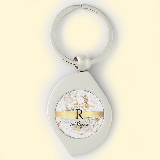 Wit & Goud Marmer, Gouden Bar, Zwart Naam Monogram Sleutelhanger