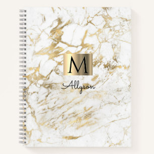 Wit & Goud Marmer, Gouden Doos, Naam & Monogram Notitieboek