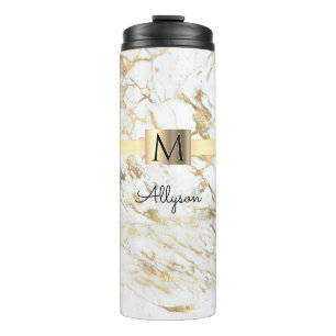 Wit & Goud Marmer, Gouden Doos, Naam & Monogram Thermosbeker