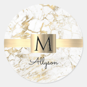 Wit & Goud Marmer Gouden Doos Zwart Naam & Monogra Ronde Sticker